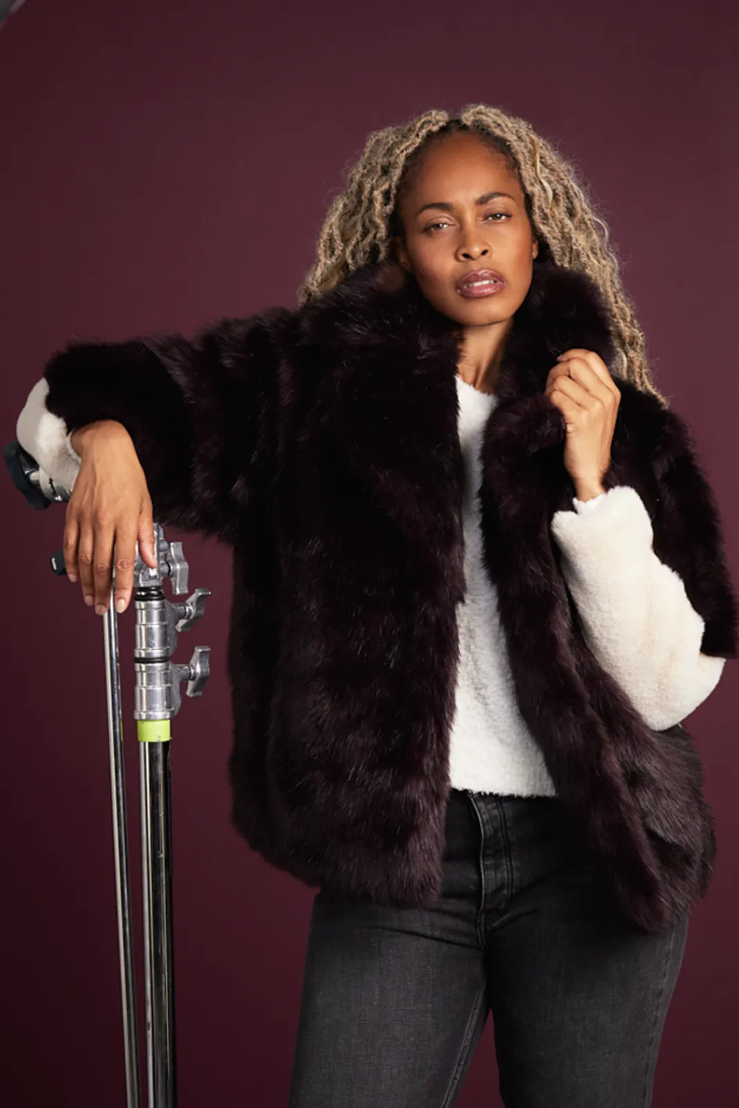 Jakke Rita Burgundy & Cream Faux Fur Coat* Coats