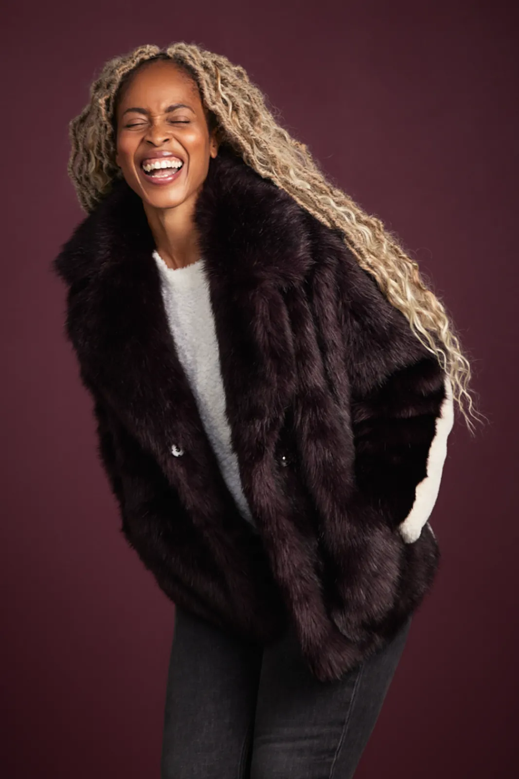 Jakke Rita Burgundy & Cream Faux Fur Coat* Coats