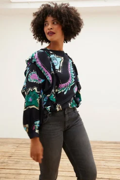 POM Amsterdam Tides Deep Black Printed Top* T-Shirts & Tops|Blouses, Shirts & Statement Tops