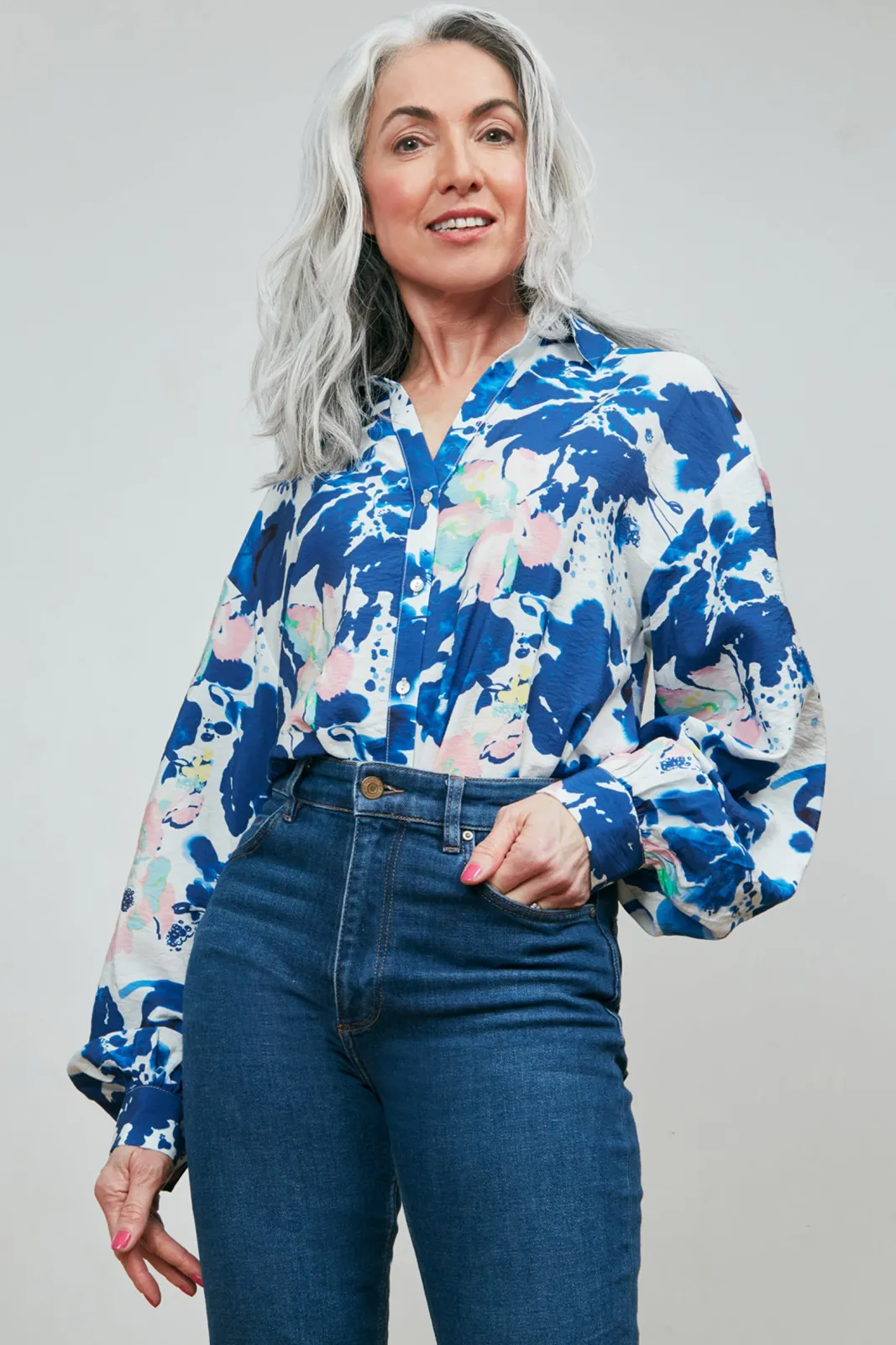 POM Amsterdam Violet Crane Birds Blue Blouse* Blouses, Shirts & Statement Tops